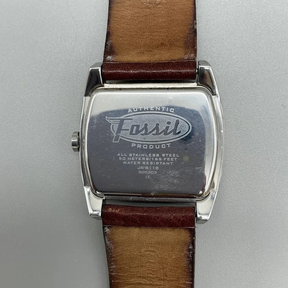 Fossil JR-8118 Mens Watch 41mm Champagne Dial Leather Date Tonneau New Battery